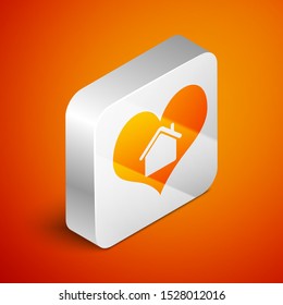 Isometric House with heart shape icon isolated on orange background. Love home symbol. Family, real estate and realty. Silver square button. Vector Illustration