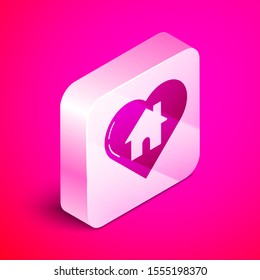 Isometric House with heart shape icon isolated on pink background. Love home symbol. Family, real estate and realty. Silver square button. Vector Illustration