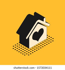 Isometric House with heart shape icon isolated on yellow background. Love home symbol. Family, real estate and realty.  Vector Illustration