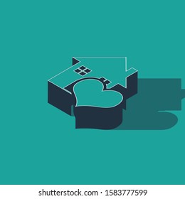 Isometric House with heart shape icon isolated on green background. Love home symbol. Family, real estate and realty.  Vector Illustration
