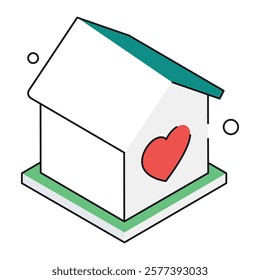 Isometric house with heart-shaped window and smoke, suited for real estate blogs, couple goals, and domestic Valentine’s themes.