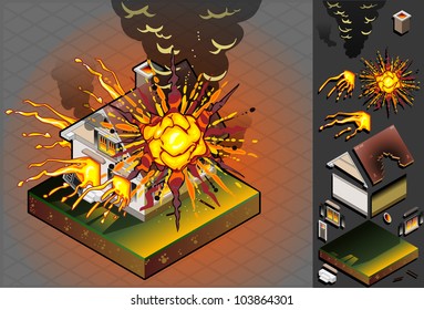 isometric House hit by explosion