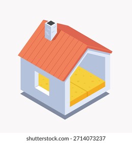 Icono isométrico de la casa con aislamiento de piso. Ilustración vectorial de un edificio con techo rojo, chimenea y capas de espuma térmica amarilla. Concepto de construcción y eficiencia energética.