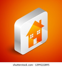 Isometric House icon isolated on orange background. Home symbol. Silver square button. Vector Illustration