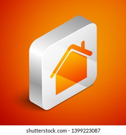 Isometric House icon isolated on orange background. Home symbol. Silver square button. Vector Illustration