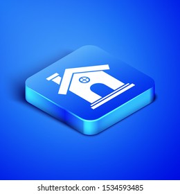Isometric House icon isolated on blue background. Home symbol. Blue square button. Vector Illustration