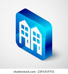 Isometric House icon isolated on grey background. Home symbol. Blue square button. Vector