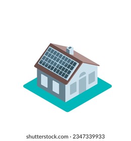 isometric house icon with solar panel in color on white background, green energy or clean solar power