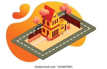 isometric house illustration, yellow house in spring