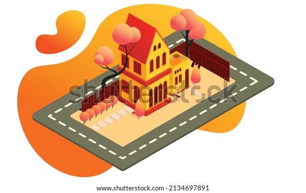 isometric\
house illustration, yellow house in\
spring