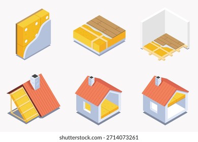 Isometric house insulation icons set. Vector illustrations of wall, floor, and roof thermal protection layers. Construction details for energy efficiency concepts.