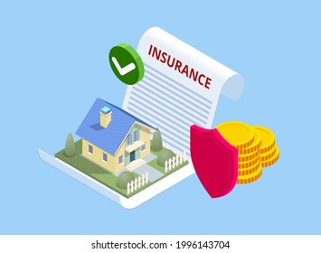 Isometric House Insurance Policy Concept. House Insurance Business Service. Property Insurance Policy Signing. Protection From Danger, Providing Security.