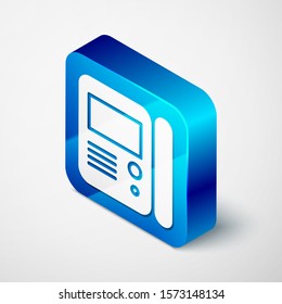 Isometric House intercom system icon isolated on white background. Blue square button. Vector Illustration