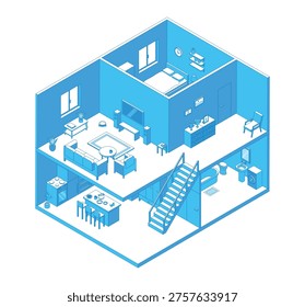 Isometric house interior. Two story home with living room, bedroom, bathroom, kitchen. Fully furnished building. Open model for ad, presentation, nifty vector scene