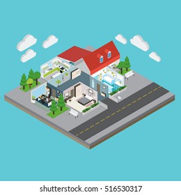 Isometric house interior view with red roof and without with isolated rooms vector illustration