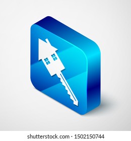 Isometric House with key icon isolated on white background. The concept of the house turnkey. Blue square button. Vector Illustration