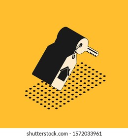 Isometric House with key icon isolated on yellow background. The concept of the house turnkey.  Vector Illustration
