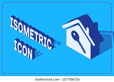 Isometric House with key icon isolated on blue background. The concept of the house turnkey.  Vector Illustration