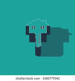 Isometric House with key icon isolated on green background. The concept of the house turnkey.  Vector Illustration