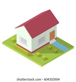 Isometric house with a long shadow.Light house with a red roof on a green platform, green isometric bushes