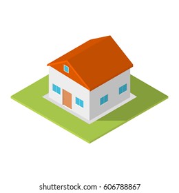 Isometric house with a long shadow.Light house with a red roof on a green platform, green isometric bushes.