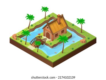 isometric house in the middle of the lake connected by a bridge