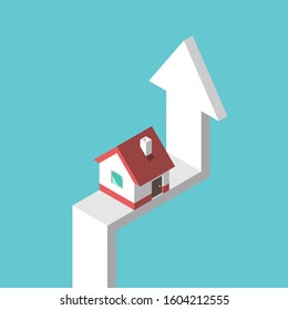 Isometric house on arrow on turquoise blue. Rise, growth, price, investment and real estate concept. Flat design. EPS 8 vector illustration, no transparency, no gradients