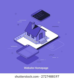 Isometric house on a digital tablet with website homepage concept. Property search, real estate online platform vector illustration in thin line style.