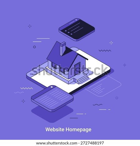Isometric house on a digital tablet with website homepage concept. Property search, real estate online platform vector illustration in thin line style.