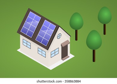 Isometric house on lawn with trees. House has solar panels on the roof, capable of producing electricity.
