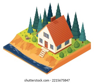 Isometric house on river in pine wood. Modern estate exterior. 3D Cottage. Vector illustration on white background. For real estate brochure or others works. Property construction or rent concept