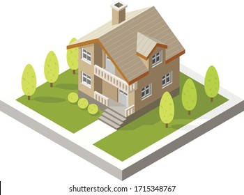 Casa isométrica de fondo blanco. Cabaña con patio y árboles. С una casa de caricaturas para una gran familia.