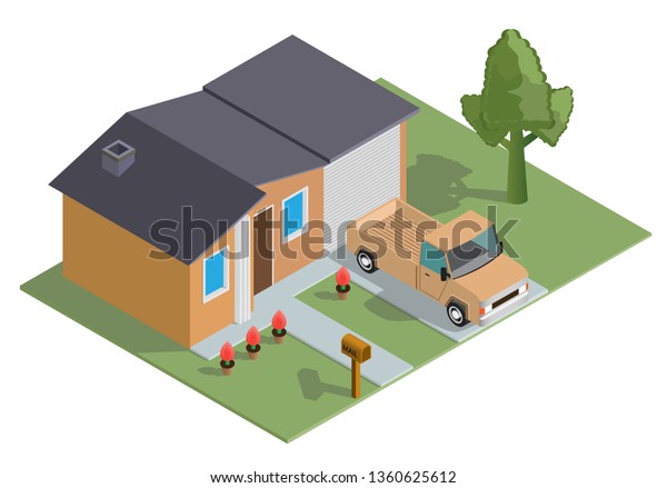 Isometric house with a parked car, tree,\
and mail box\
illustrations