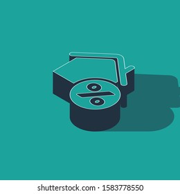 Isometric House with percant discount tag icon isolated on green background. House percentage sign price. Real estate home. Credit percentage symbol.  Vector Illustration