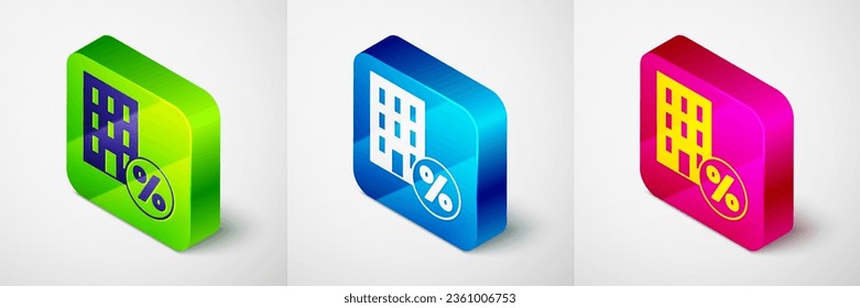 Isometric House with percant discount tag icon isolated on grey background. Real estate home. Credit percentage symbol. Square button. Vector