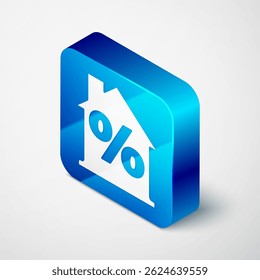 Isometric House with percant discount tag icon isolated on grey background. Real estate home. Credit percentage symbol. Blue square button. Vector