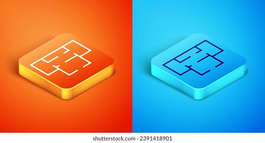 Isometrisches Hausplansymbol einzeln auf orangefarbenem und blauem Hintergrund.  Vektorgrafik