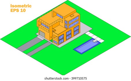 Isometric house with pool black line