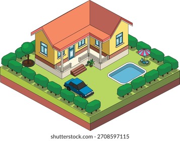 Isometric House With Pool Top Side View Villa Cottage Home Vector
