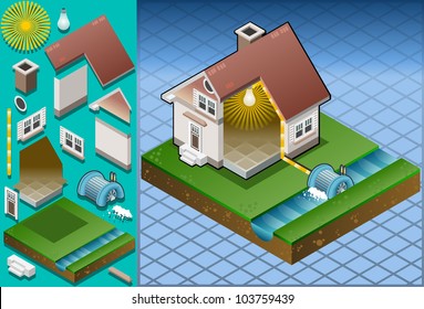  Isometric house powered by watermill