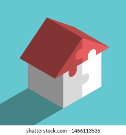Isometric house with red roof assembled from four puzzle pieces on turquoise blue background. Family, home, real estate concept. Flat design. Eps 8 vector illustration, no transparency, no gradients