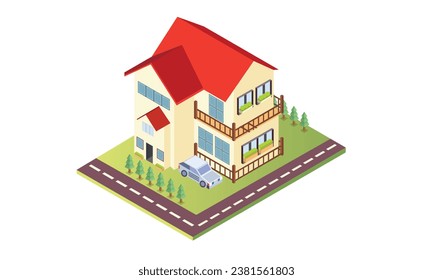 isometric house red roof with car.on white background.3D design.isometric vector design Illustration.