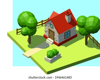 Isometric house with red roof and chimney in suburb or on rural landscape