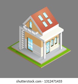 Isometric. House with a red roof, windows, lawn and columns in 3d