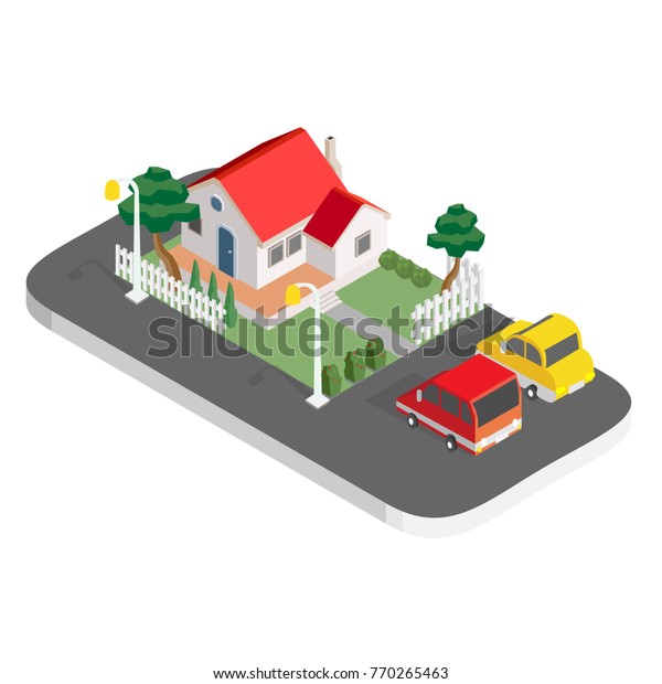 isometric house with red and yellow car on\
street , vector\
illustration.