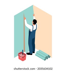 Isometric house renovation icon with worker wallpapering room 3d vector illustration