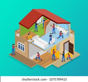 Isometric house renovation template with workers laying tiles flooring laminate painting walls repairing threshold installing windows plumbing vector illustration