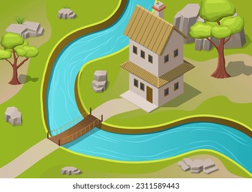 Casa isométrica con río que fluye delante