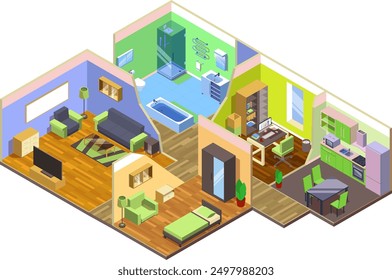 Disposición isométrica de las habitaciones de la casa. Diseño de apartamentos interiores