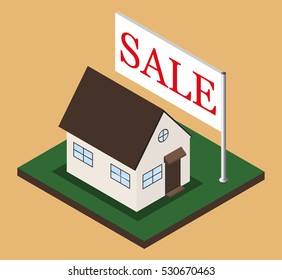 Isometric house with sale banner. Residential property selling in isometric style. Vector illustration.